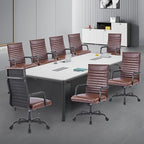 Office Chair, Ergonomic Executive Conference Room Chairs, Ribbed Leather Desk Chair with Lumbar Support, Adjustable Height Mid-Back Swivel Chair with Padded Seat and Square Tube Armrests