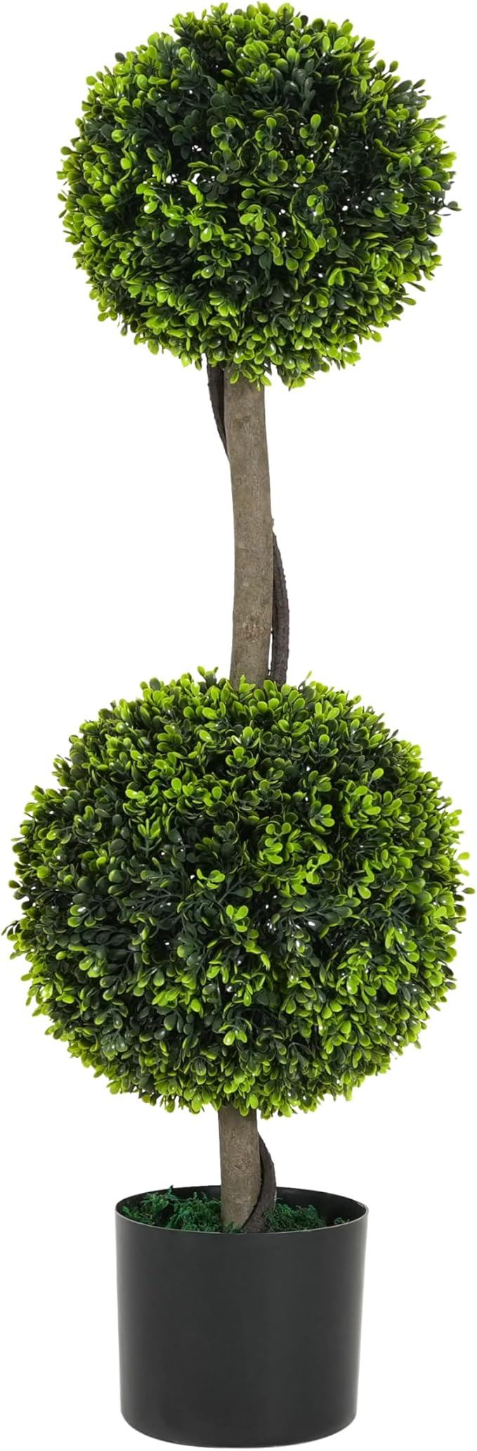 Christopher Knight Home Alene Set of 2 34''H Pre-Potted Artificial Tree Indoor, Artificial Topiary Boxwood Tree Double Ball with Pot, Faux Tree with Natural Wood Trunk with Black Plastic Pot, Green