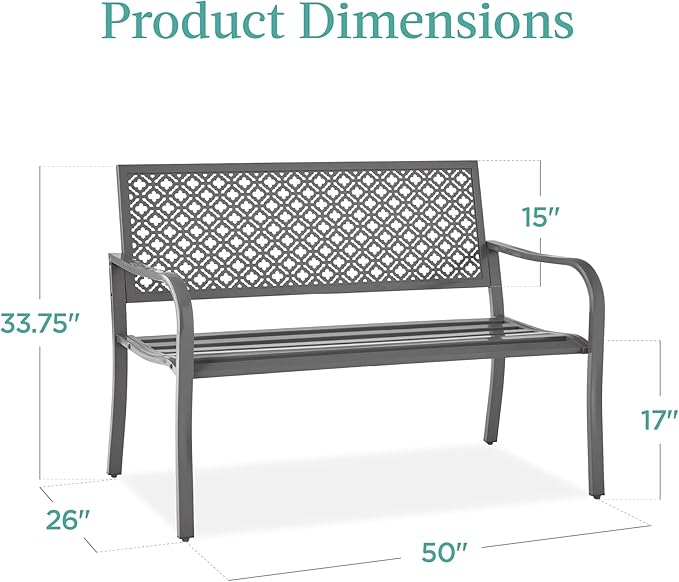 Best Choice Products Outdoor Bench 2-Person Metal Steel Benches Furniture for Garden, Patio, Porch, Entryway w/Geometric Backrest, 790lb Capacity – Gray