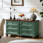 Farmhouse Nightstand with 3 Drawers, Rustic Couch End Table with 4 Square Solid Wood Legs, Mid-Century Vintage Bed Side Table with Storage, Small Dresser for Bedroom, Living Room, Green