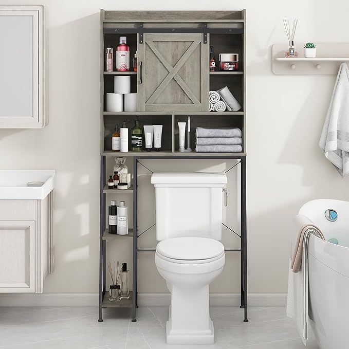 Over The Toilet Storage Cabinet, Farmhouse Storage Cabinet Over Toilet with Sliding Barn Door,Home Space-Saving Toilet Rack, for Bathroom, Restroom, Laundry, Grey