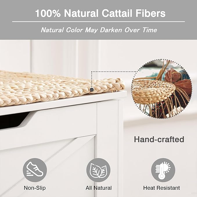 VECELO 43.3" Storage Bench, Entryway Shoe Ottoman, Farmhouse Style Bench with Handwoven Cushion and Metal Safety Hinges, for Bedroom, Living Room, Entryway, White