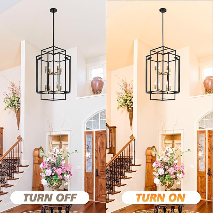 WJShome High Ceiling Foyer Chandelier: 8-Light Farmhouse Lantern Chandeliers for Entryway Industrial Large Pendant Light Fixtures for Entry Staircase Hallway Dining Room Kitchen Island, Black & Gold