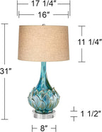 Possini Euro Design Kenya Modern Tropical Table Lamp with Riser 31" Tall Blue Green Ceramic Beige Linen Drum Shade for Living Room Bedroom House Bedside Home Office Entryway (Color May Vary)