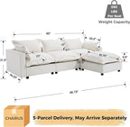 chairus 97" Modular Sectional Sofa with Moveable Ottoman Upholstered Deep Seat Linen Couch Set with Soft Pillows L Shaped Sofa Couch for Living Room, Apartment, Reception Room, 3-Seater/White