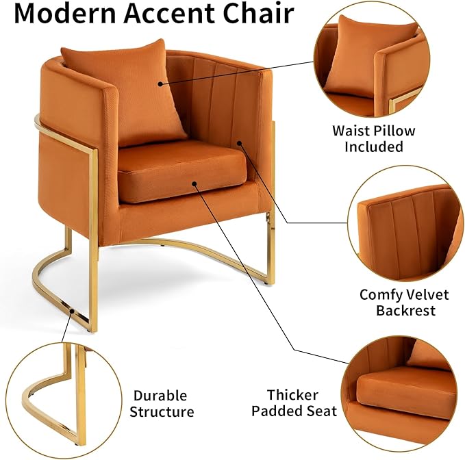 Velvet Modern Accent Chairs Set of 2, Upholstered Barrel Armchair Mid Century with Pillow for Living Room, Comfy Single Vanity Chair with Metal Gold Legs for Bedroom, Orange