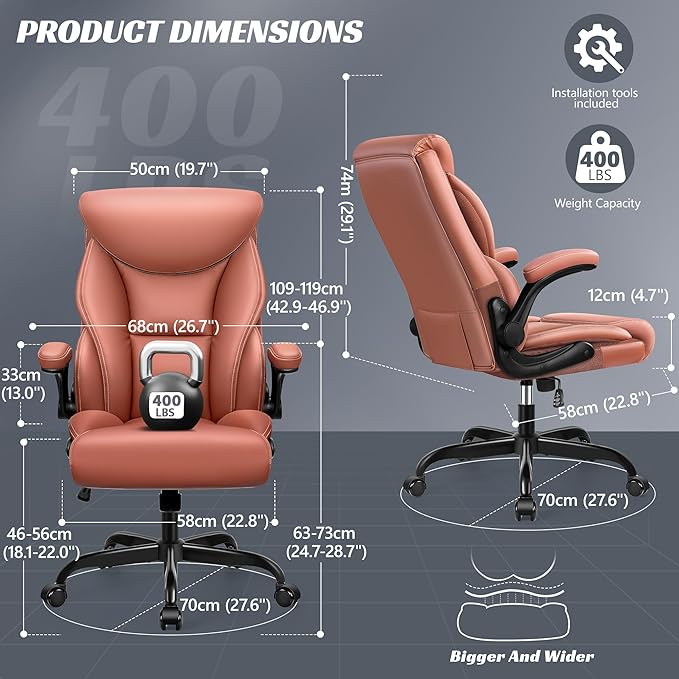 Office Chair, Ergonomic Big and Tall Computer Desk Chairs, Executive Breathable Leather Chair with Adjustable High Back Flip-up Armrests, Lumbar Support Swivel PC Chair with Rocking Function