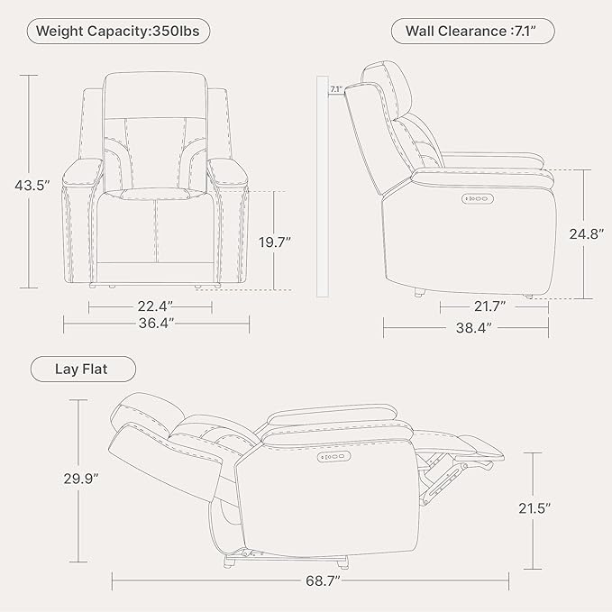 Watson & Whitely Genuine Leather Electric Recliner Chairs for Adults, Lay Flat Recliner with Power Headrest & Chargers for Living Room, Cream