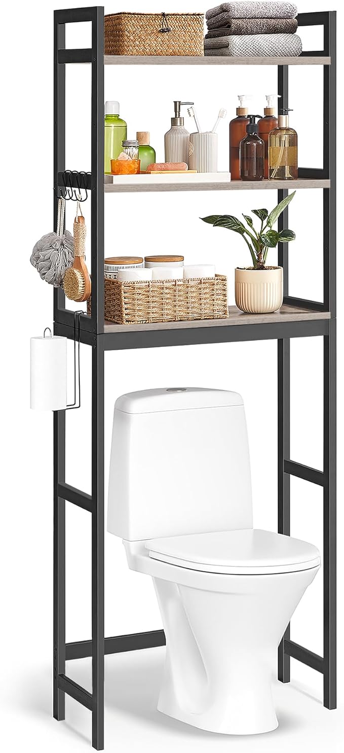 SONGMICS Over-The-Toilet Storage, 3-Tier Bathroom Organizer Over Toilet with Adjustable Shelves, Hooks, Bamboo, Freestanding Space Saver Bathroom Shelves, Heather Greige and Ink Black UBTS012W01