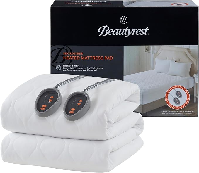 Beautyrest Cotton Blend Heated Mattress Pad Secure Comfort Technology - Luxury Quilted Electric Mattress Pad with Deep Pocket - 5-Setting Heat Controllers, Queen, White