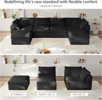 138" Boneless Cloud Couch Modular Sectional Sofa with Deep Seat for Living Room, L Shape Couch with Ottoman, Snowflake Cloth and 40D Memory Sponge，2 Throw Pillows (Black, 4 Seater+2 Ottoman)