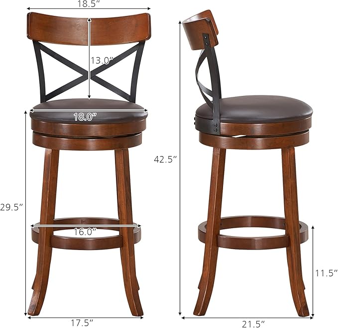 COSTWAY Bar Stool Set of 4, 360-Degree Swivel Solid Wood Stools with Soft Cushion & Backrest, 29.5” Height Kitchen Counter Bar Stools for Kitchen Island, Pub, and Restaurant (4, 29in)