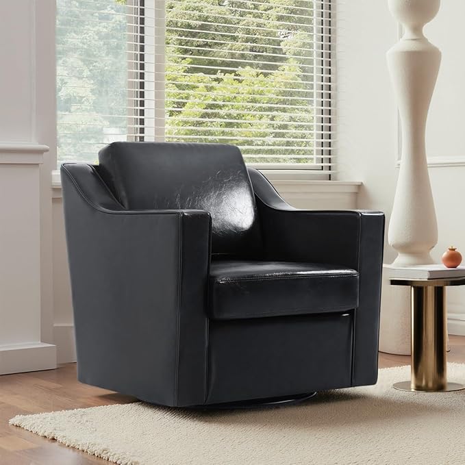 UIXE Faux Leather Swivel Accent Chair, Upholstered Arm Chair for Living Room, Modern Club Armchair Comfy Single Sofa Bedroom Reading Seat with Lumbar Pillow - Black