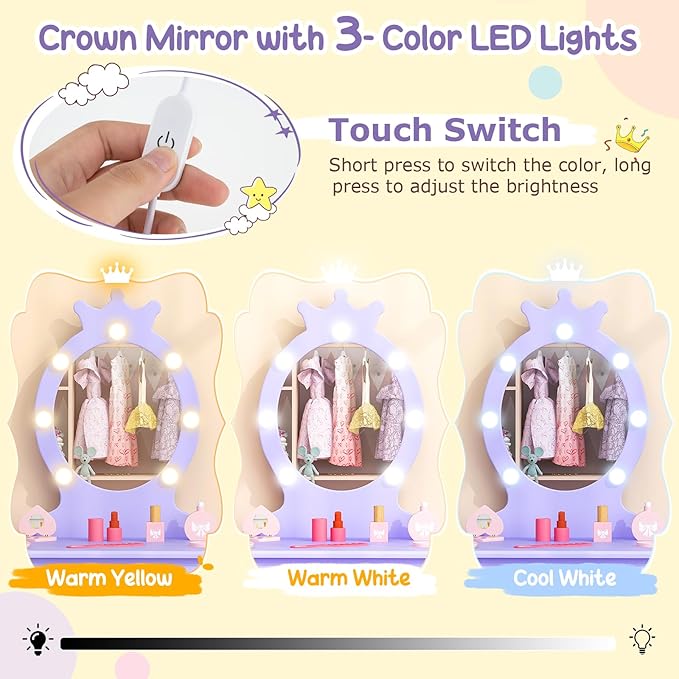 Costzon Kids Vanity, Girls Vanity Set with Mirror and Stool and Lights, Drawer, 2 in 1 Wooden Makeup Vanity Desk Dressing Table, Kids Vanity Table and Chair Set (Violet)