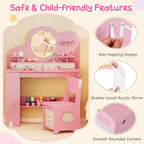 Costzon Kids Vanity, Girls Vanity Set with Lighted Mirror, Bookshelf, Drawers, Hooks & Storage Shelves, Toddler Makeup Vanity Desk Dressing Table, Wooden Kids Vanity Table and Chair Set (Pink)