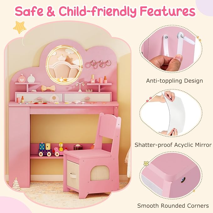 Costzon Kids Vanity, Girls Vanity Set with Lighted Mirror, Bookshelf, Drawers, Hooks & Storage Shelves, Toddler Makeup Vanity Desk Dressing Table, Wooden Kids Vanity Table and Chair Set (Pink)