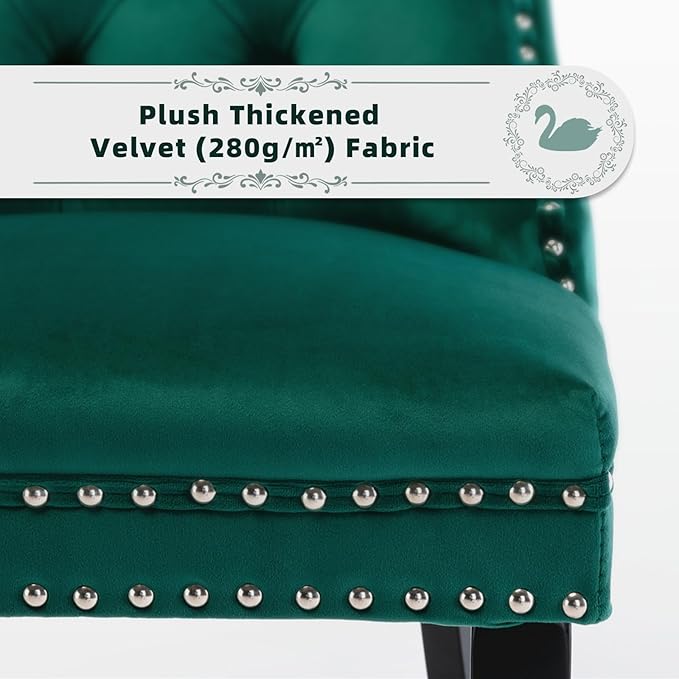 Velvet Upholstered Dining Chairs Set of 8, Modern Style Kitchen Side Chairs with Nailhead Trim and Wood Legs,Metal Pulling Ring for Dining Room Living Room(Green)