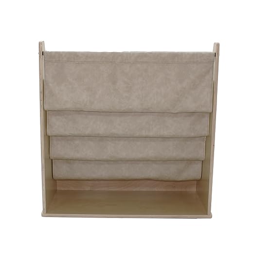 Factory Direct Partners Rustic Kid Birch Sling Book Display; Distressed Faux Leather 4-Shelf Storage for Books or Magazines; Furniture for Bedroom, Playroom, Daycare or Classroom - Almond, 13745-320