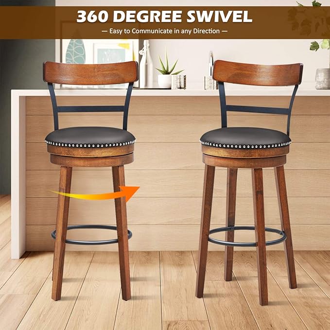 COSTWAY Bar Stools Set of 4, 360-Degree Swivel Stools with Leather Padded Seat, Single Slat Ladder Back & Solid Rubber Wood Legs, Bar Height Stools for Pub, Restaurant, Kitchen, Brown (4, 30.5)
