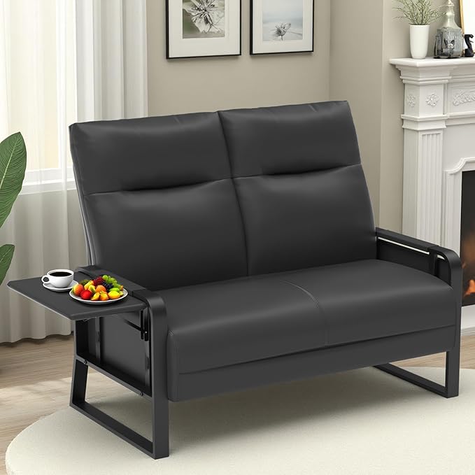 Faux Leather Loveseat Couch for Living Room Bedroom Office, Small Sofa 2 Seater Couch with Flip Up Tray Table Side Pockets Leather Loveseats, Black