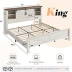 AMERLIFE Farmhouse King Bed Frame, Rustic Wood Platform Bed w/Barn Door Storage Bookcase Headboard & Charging Station, Bedroom Furniture, No Box Spring Needed, Antique White