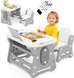 INFANS Kids Adjustable Table & Chair Set with Drawing Board for 3+, Toddler Activity Desk for Drawing with Storage Shelf, Non-Slip Pads, Watercolor Pens & Eraser, Indoor Art/Study Furniture (Grey)