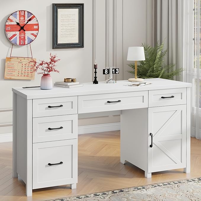Vabches Farmhouse 61'' Executive Desk with 5 Drawers, Rustic Office Desk Computer Desk with Charging Station, File Drawers and Storage Cabinet, Wood Workstation for Study and Home Office,(Cream White