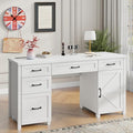 Vabches Farmhouse 61'' Executive Desk with 5 Drawers, Rustic Office Desk Computer Desk with Charging Station, File Drawers and Storage Cabinet, Wood Workstation for Study and Home Office,(Cream White