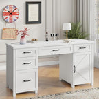 Vabches Farmhouse 61'' Executive Desk with 5 Drawers, Rustic Office Desk Computer Desk with Charging Station, File Drawers and Storage Cabinet, Wood Workstation for Study and Home Office,(Cream White