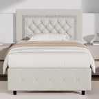 BarnFurin Twin Bed Frame with Diamond Tufted Headboard, Faux Leather Upholstered Bed with Wooden Slats Support, No Box Spring Needed, Mattress Foundation, Easy Assembly, Cream