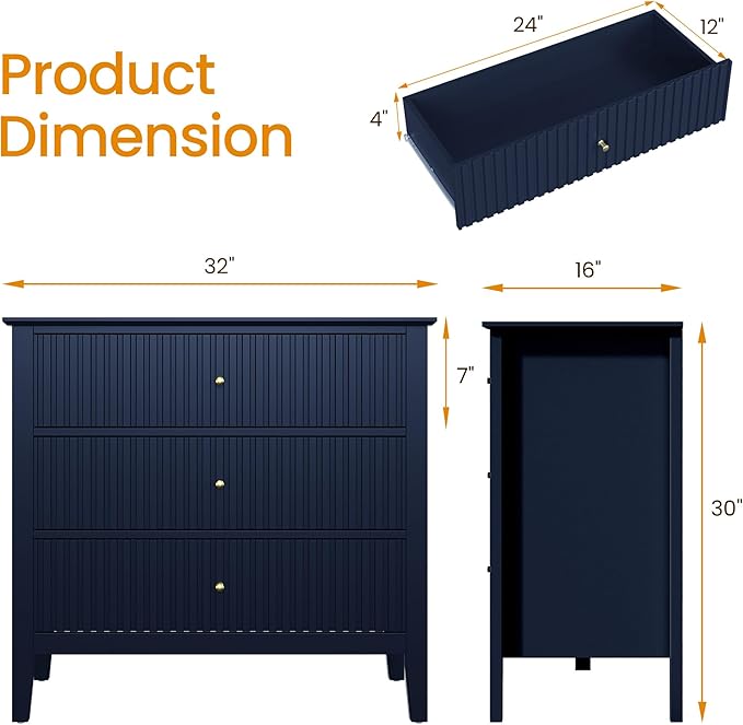 RoyalCraft 32" Large Nightstand Set of 2, Fluted Painted Wood Dresser with 3 Spacious Drawers, Blue Modern Bedside Table for Bedroom