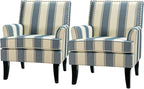 HULALA HOME Modern Accent Chairs Set of 2, Farmhouse High Back Striped Chairs with Wooden Legs & Nail Head Trim, Comfy Upholstered Armchairs for Living Room/Bedroom (Stripe Blue)