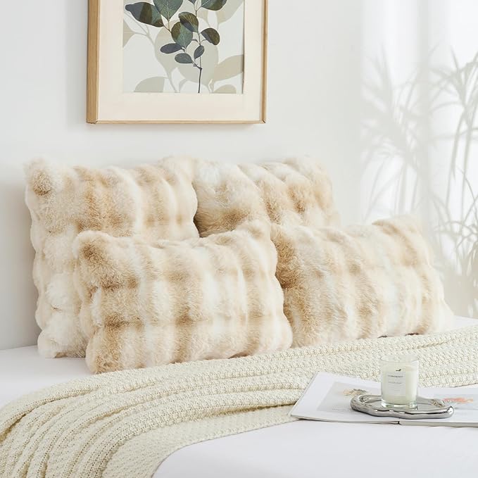 FUTEI Beige White Decorative Throw Pillow Covers 24x24 Inch Set of 2,Soft Fuzzy Faux Rabbit Fur European Cushion Covers with Raised Texture,Neutral Boho Home Decor for Couch Bed Living Room