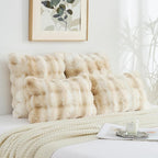 FUTEI Beige White Decorative Throw Pillow Covers 24x24 Inch Set of 2,Soft Fuzzy Faux Rabbit Fur European Cushion Covers with Raised Texture,Neutral Boho Home Decor for Couch Bed Living Room