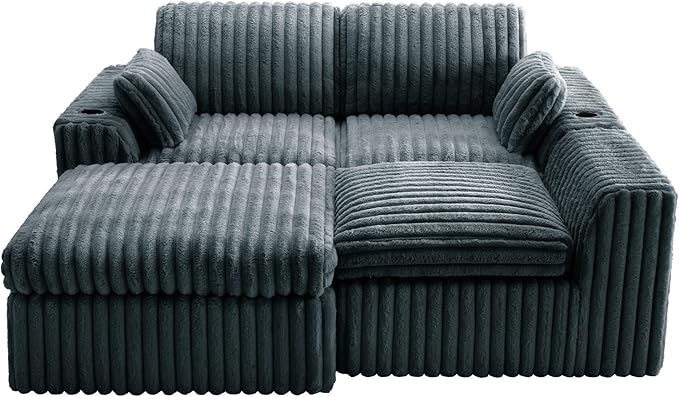 114" Cloud Boneless Sectional Couches for Living Room, Modular Sectional Sofa with Cup Holder, Cozy Fluffy L Shaped Deep Seat Boneless Couch with Storage Pocket, No Assembly Required, Grey