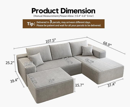 107.5" Cloud Sectional Couch with 1 Ottoman,Modern Modular Sofa with Deep Seat, Comfort U Shaped Sofa Couches for Living Room Bedroom Apartments,No Assembly Required, (Grey,Right Facing Chaise)