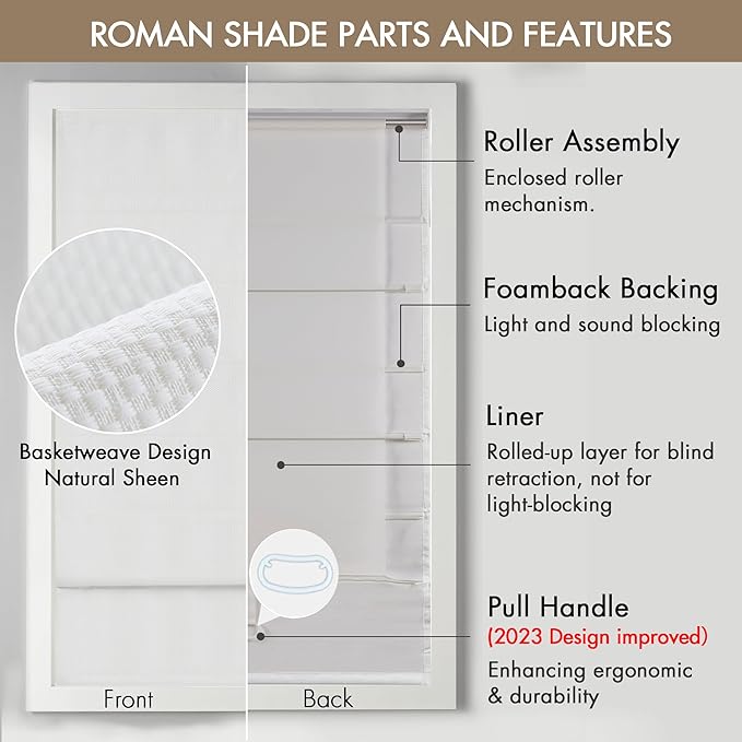 Madison Park Galen Cordless Roman Shade, 39"W x 64"H, Sheen White – Room Darkening, Thermal Insulated, Energy Efficient Window Blind with Subtle Sheen Basketweave Fabric for Privacy