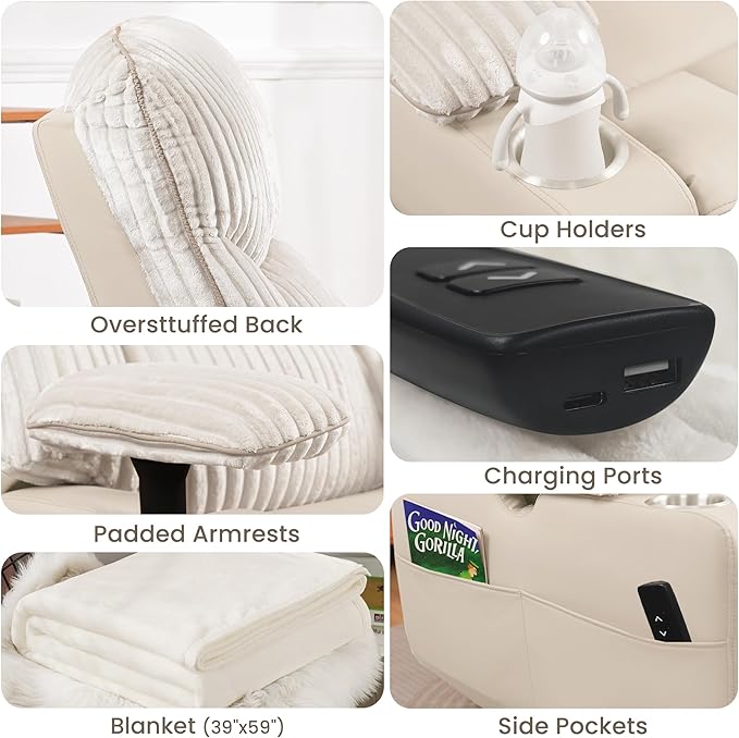 GRAINELL Rocking Chair Nursery, Electric Swivel Recliner Glider with Adjustable Armrests, Nursing Chair with USB Charger, Cup & Blanket Holders, Beige Corduroy & PU Leather