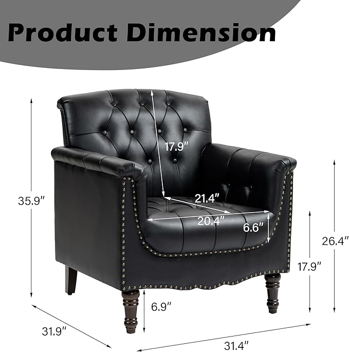 Lumibee Faux Leather Armchair, Contemporary Accent Chair with Nailhead Trims & Wood Legs for Living Room, Upholstered Comfy Arm Chair for Office,Bedroom-Black