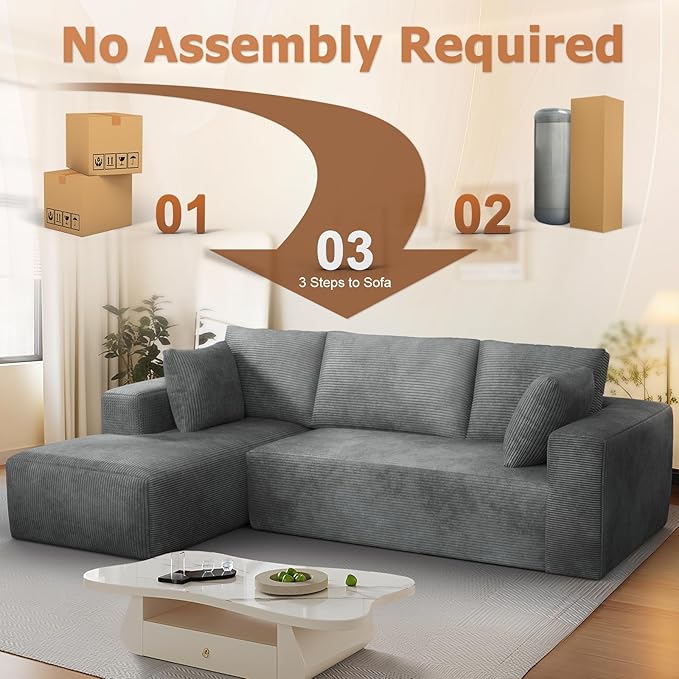 108” Cloud Sectional Couch, Modular Sectional Sofa with Deep Seat, Corduroy Boneless Couches with Chaise for Living Room Bedroom, No Assembly Required