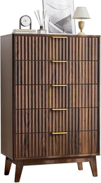 Modern Fluted 5 Drawer Tall Dresser, 48" H, Walnut, Curved Profile Design, Mid Century Wood Chest of Drawers for Bedroom, Living Room, Hallway