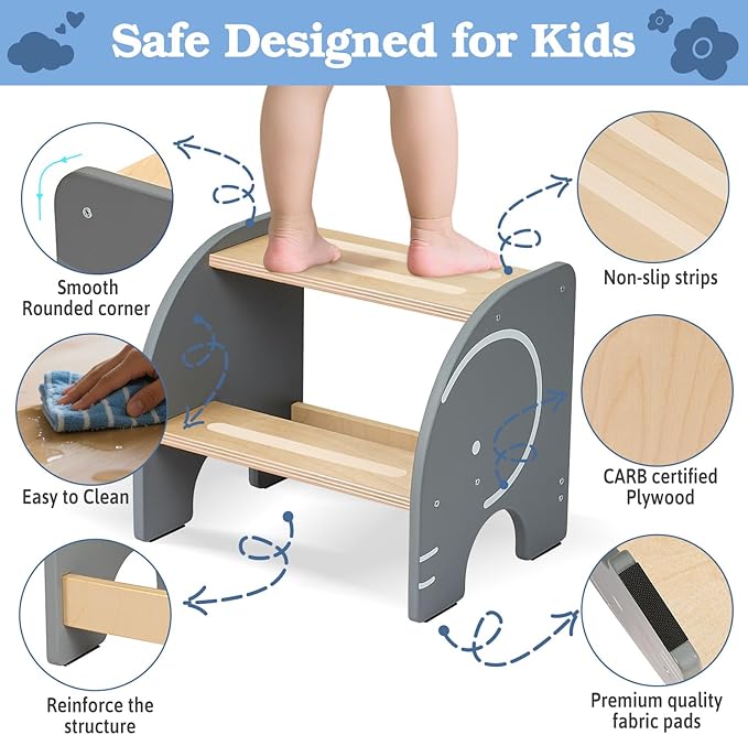 Wooden Step Stool - Two Step Stools Toddler 250 lbs Capacity with Safety Non-Slip Pads - Potty Training Stool for Bathroom Sink, Bedroom, Kitchen Dual Height Step Stools for Kids(Elephant|Gray)
