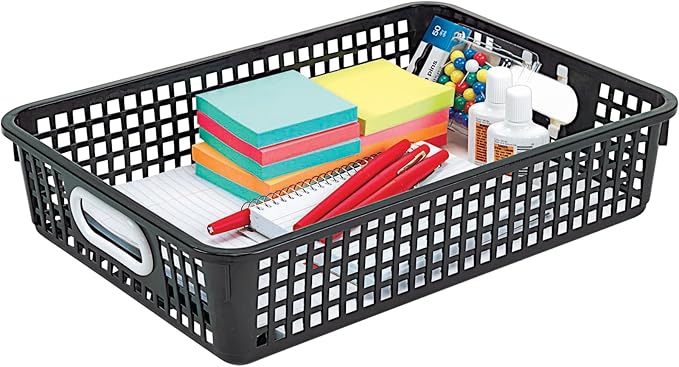Really Good Stuff Small Plastic Paper Baskets, 14" x 10" x 3.25", 12 Pack, Black, Plastic Mesh Baskets for Classroom, Home, and Office, Fits A4 Paper, Documents, Files, Magazines