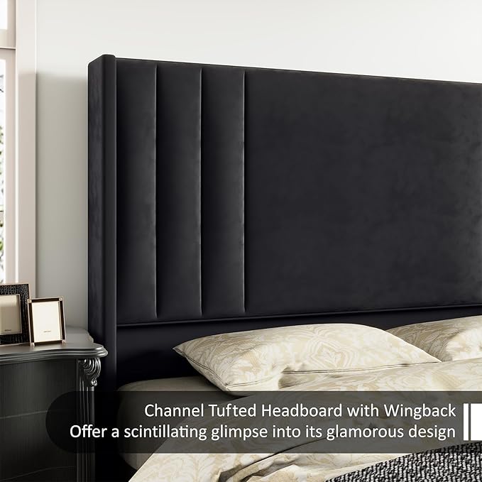 AMERLIFE Queen Size Bed Frame, Velvet Upholstered Platform Bed with Vertical Channel Tufted Headboard & Footboard/Wingback, Mattress Foundation with Wood Slats, No Box Spring Needed, Black