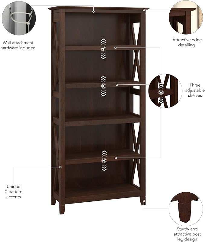 Bush Furniture Tall 5 Shelf Bookcase for Living Room or Home Office, Large Bookshelf, Modern Farmhouse Style, Key West Collection, Bing Cherry