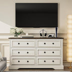 Farmhouse 6 Drawer Dresser for Bedroom, 54" Wide Wood Dresser with Natural Texture, Rustic Chest of Drawers for Bedroom with Vintage Metal Hands, for Living Room, Hallway, Antique White