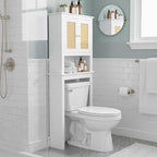 Over The Toilet Storage Cabinet, Behind Toilet Bathroom Organizer with Adjustable Shelves, Above Toilet Organizers with Rattan Door, Space Saver for Restroom, Bathroom, Laundry
