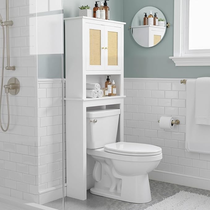 Over The Toilet Storage Cabinet, Behind Toilet Bathroom Organizer with Adjustable Shelves, Above Toilet Organizers with Rattan Door, Space Saver for Restroom, Bathroom, Laundry