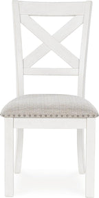 Signature Design by Ashley Robbinsdale Casual Upholstered Solid Wood Dining Chair with Nailhead Trim, Set of 2, White & Light Gray