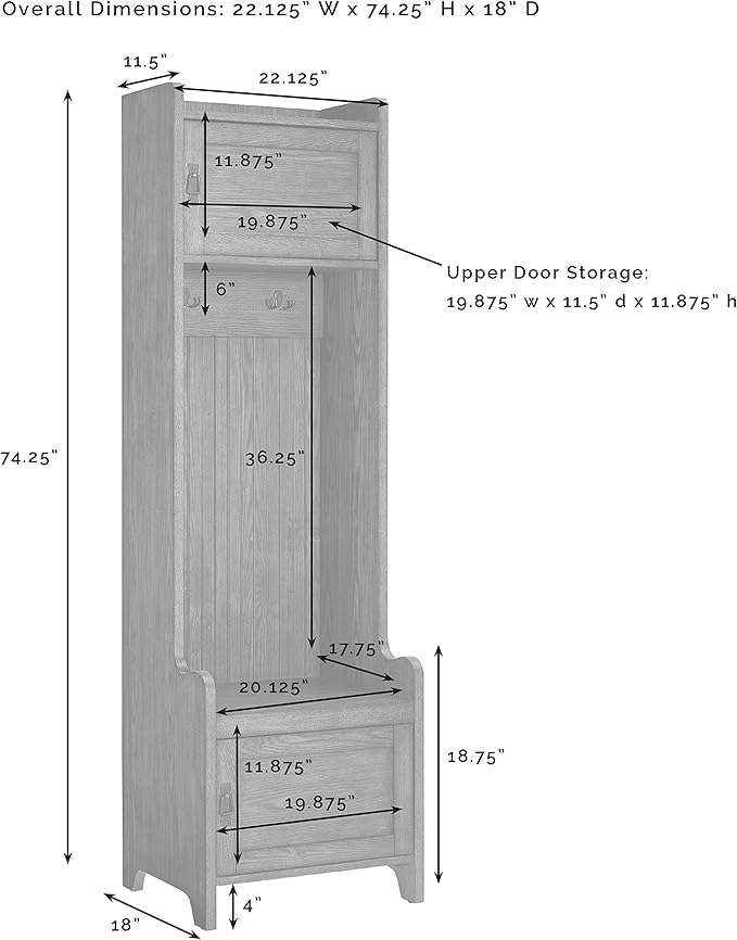 Crosley Furniture Fremont Hall Tree with Storage Cabinets and Coat Rack Hooks for Hanging, Distressed White